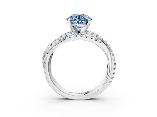 White gold Fancy Blue Round  Solitaire Twist Band with Pavé Setting and Four-Prong Setting