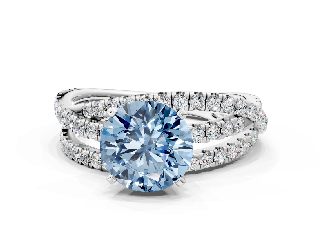 White gold Fancy Blue Round  Solitaire Twist Band with Pavé Setting and Four-Prong Setting_87