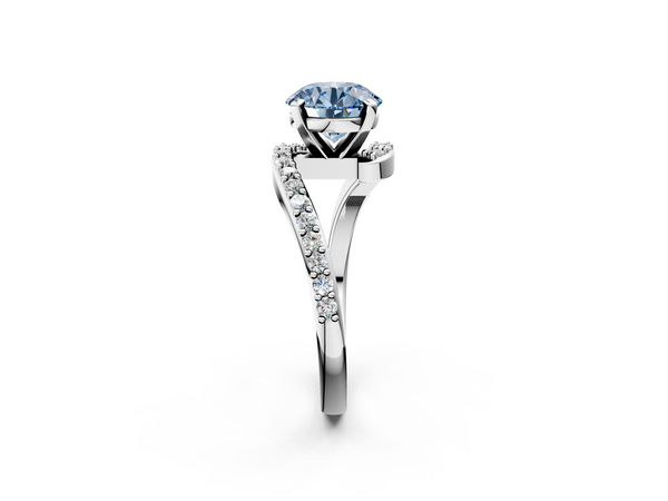 Platinum Fancy Blue Round  Solitaire Twist Band with Pave Set Diamonds and Four-Prong Setting