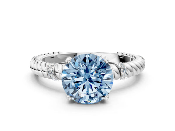 White gold Fancy Blue Round  Solitaire Twisted Band Prong Set Engagement Ring