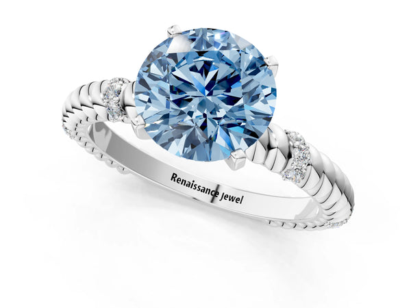 White gold Fancy Blue Round  Solitaire Twisted Band Prong Set Engagement Ring