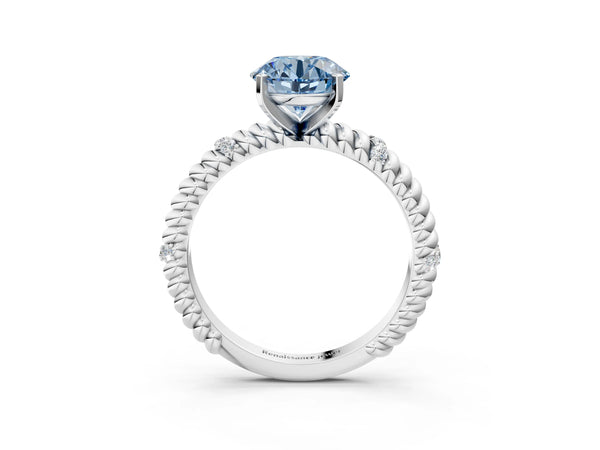 White gold Fancy Blue Round  Solitaire Twisted Band Prong Set Engagement Ring