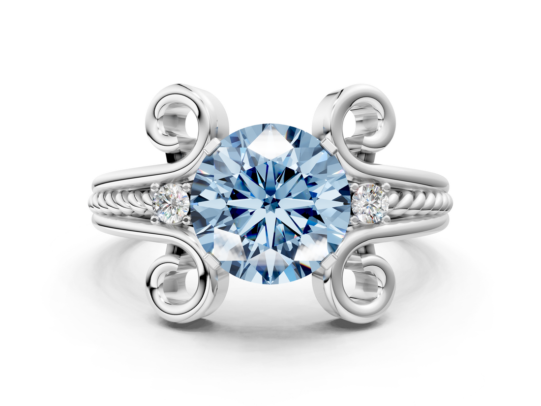 White gold Fancy Blue Round  Solitaire Twisted Band Scroll Prong Ring_3