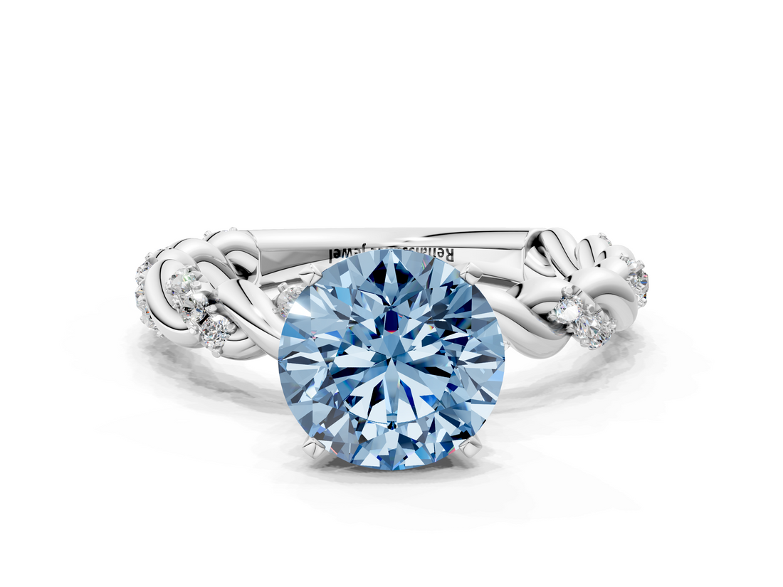White gold Fancy Blue Round  Solitaire Twisted Band with Pavé Accents and Four-Prong Setting_3