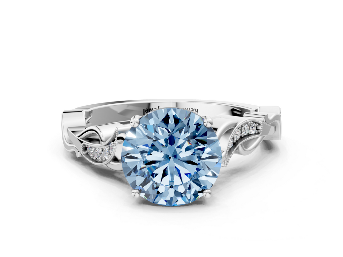 White gold Fancy Blue Round  Solitaire Vine Band with Milgrain Prong Setting_3