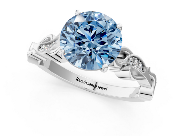 Platinum Fancy Blue Round  Solitaire Vine Band with Milgrain Prong Setting