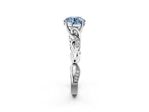 Platinum Fancy Blue Round  Solitaire Vine Band with Milgrain Prong Setting