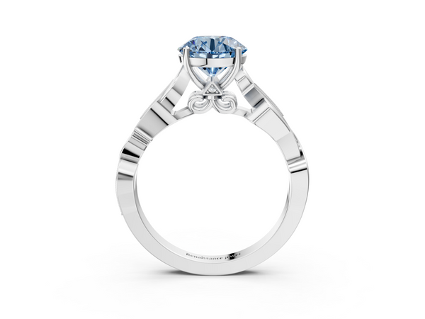 Platinum Fancy Blue Round  Solitaire Vine Band with Milgrain Prong Setting