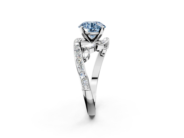White gold Fancy Blue Round  Solitaire with Pavé Twist Band and Four-Prong Setting