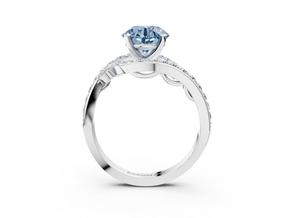 White gold Fancy Blue Round  Solitaire with Pavé Twist Band and Four-Prong Setting