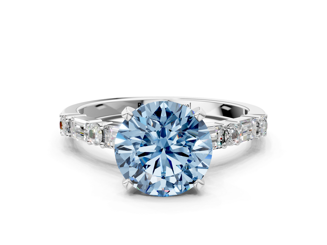 White gold Fancy Blue Round  Solitaire with Side Baguettes and Channel Set Band_59