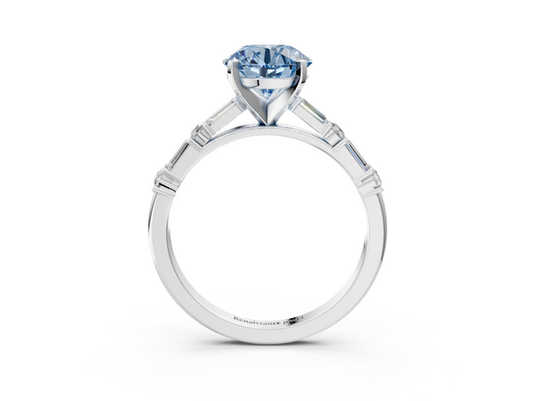 Platinum Fancy Blue Round Cut Diamond Solitaire with Side Baguettes and Channel Set Band