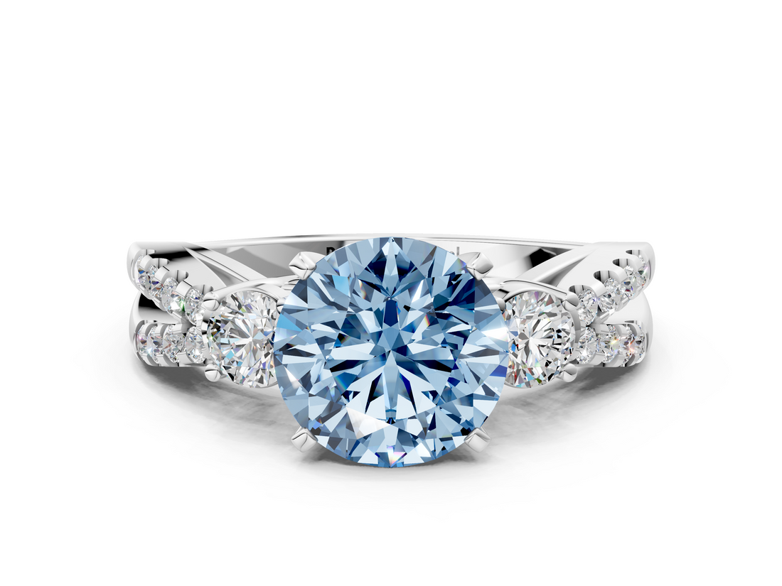 White gold Fancy Blue Round  Three-Stone Diamond Ring with Pavé Split Shank and Four-Prong Setting_105