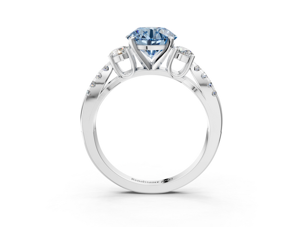 Platinum Fancy Blue Round Cut Diamond Three-Stone Ring with Pavé Split Shank and Four-Prong Setting