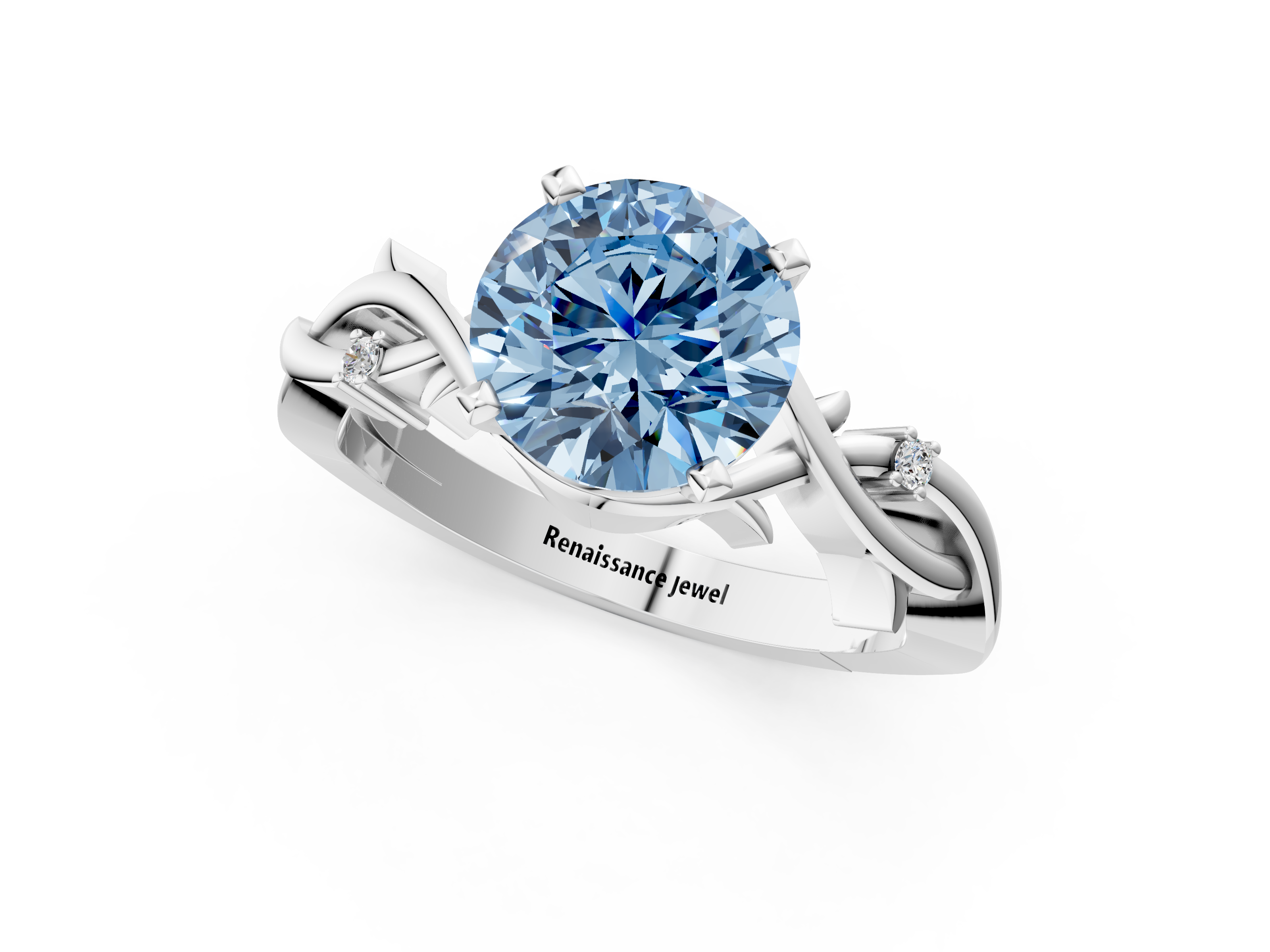 White gold Fancy Blue Round cut Solitaire Twisted Band Prong Setting Ring_166