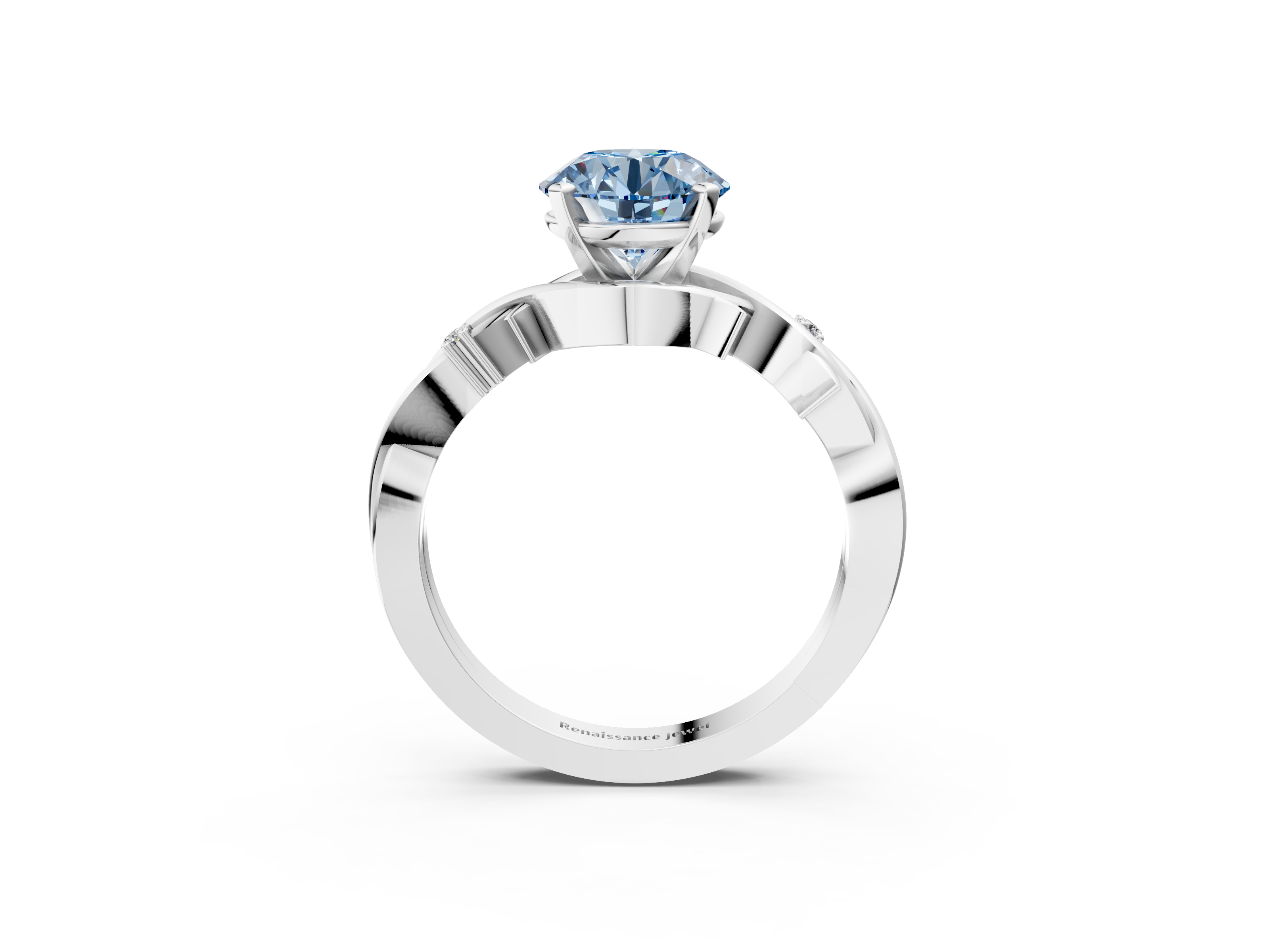 White gold Fancy Blue Round cut Solitaire Twisted Band Prong Setting Ring_168