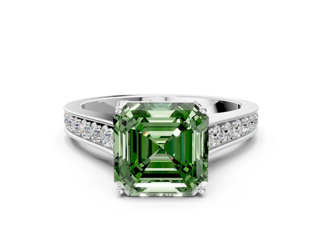 White gold Fancy Green Asscher  Brilliant Cut Diamond Engagement Ring with Pavé Band and Four-Prong Setting_29
