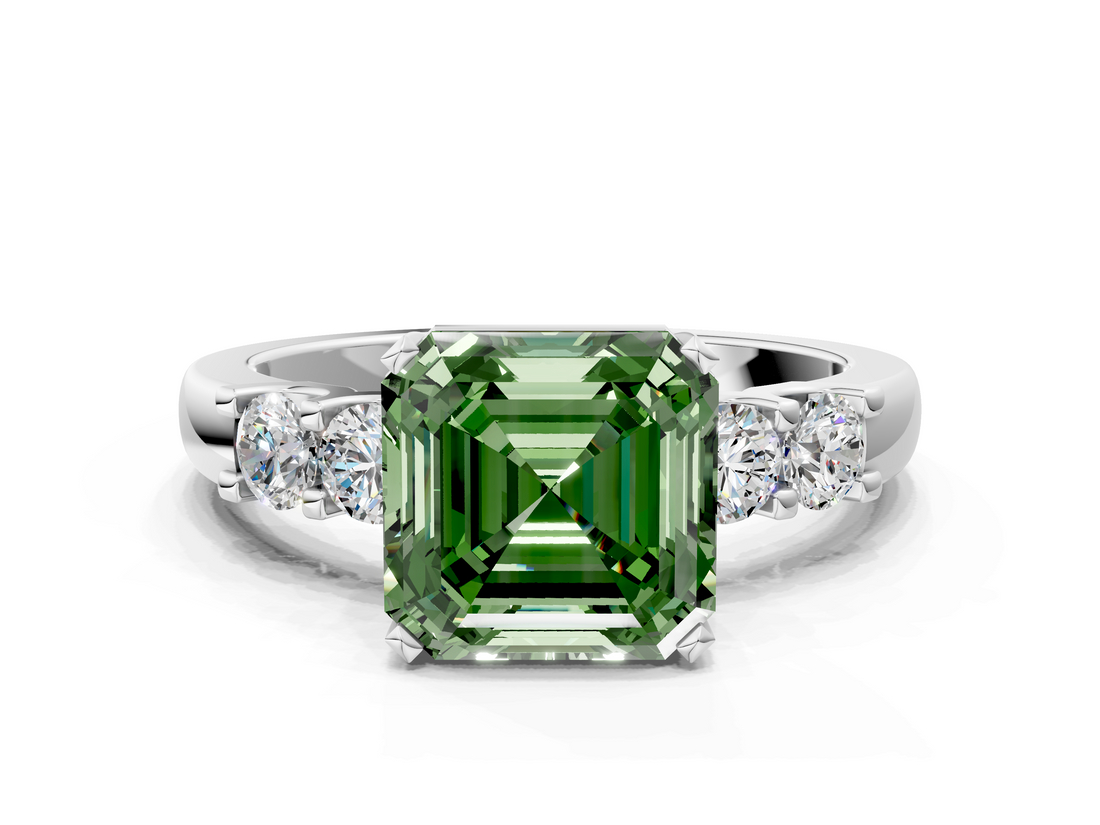 White gold Fancy Green Asscher  Brilliant Cut Diamond Five-Stone Prong Set Engagement Ring with Channel Band_18