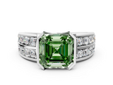 White gold Fancy Green Asscher  Brilliant Diamond Channel Set Wide Band Ring with Bezel Setting