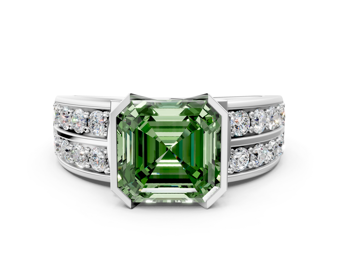 White gold Fancy Green Asscher  Brilliant Diamond Channel Set Wide Band Ring with Bezel Setting