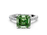 White gold Fancy Green Asscher  Brilliant Diamond Solitaire with Pavé Band and Four-Prong Setting
