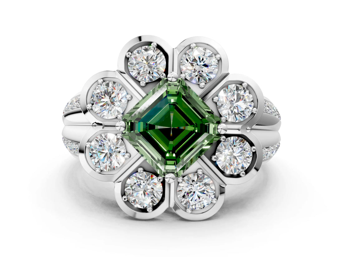 White gold Fancy Green Asscher  Brilliant Flower Halo Diamond Split Shank Ring_105