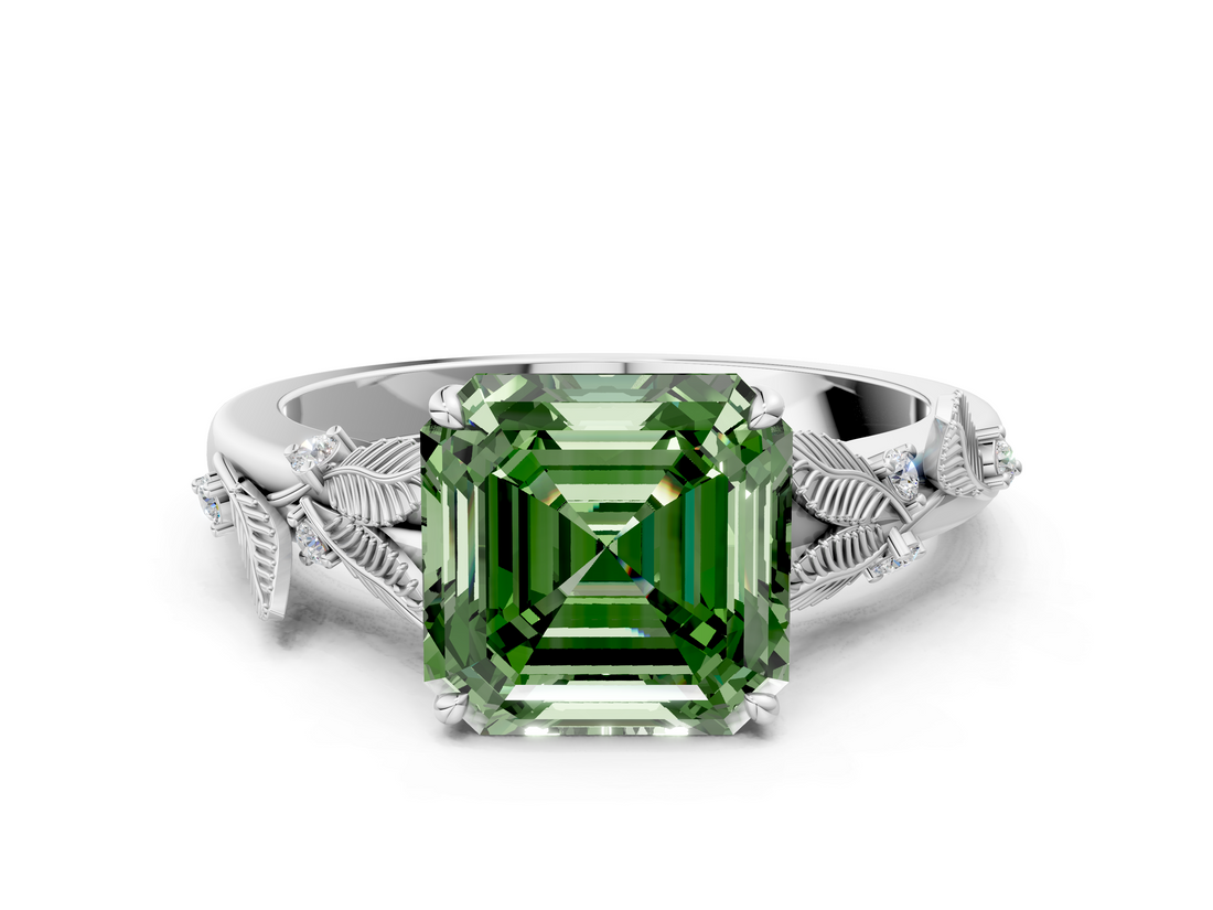 White gold Fancy Green Asscher  Brilliant Solitaire with Leaf Motif Band and Four-Prong Setting