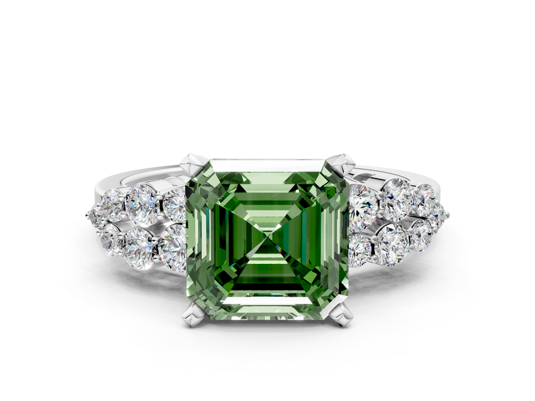 White gold Fancy Green Asscher  Cluster Diamond Engagement Ring with Pavé Band and Four-Prong Setting_17