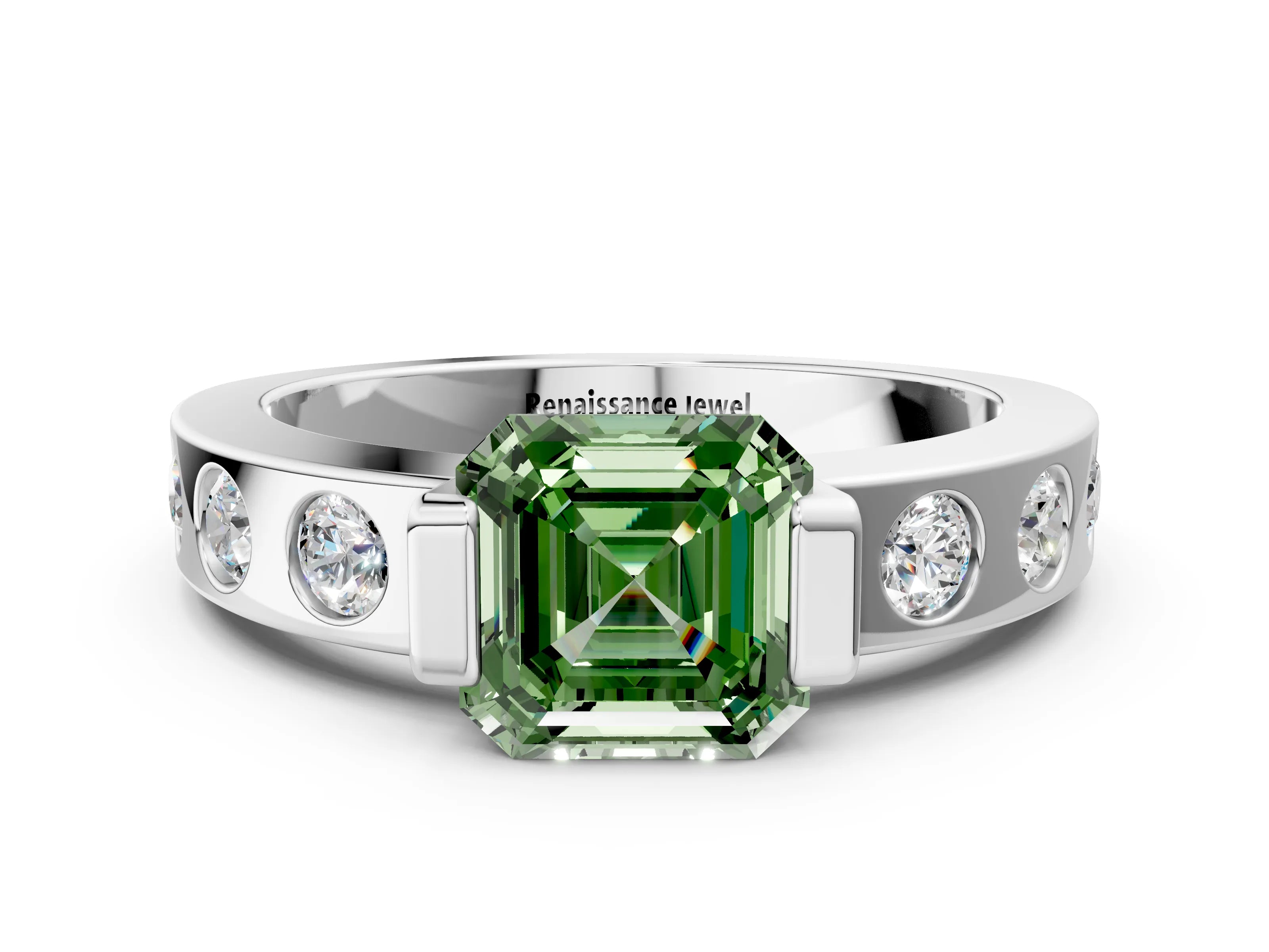White gold Fancy Green Asscher Cut Brilliant Channel-Set Diamond Ring with Bezel Prong Setting_12