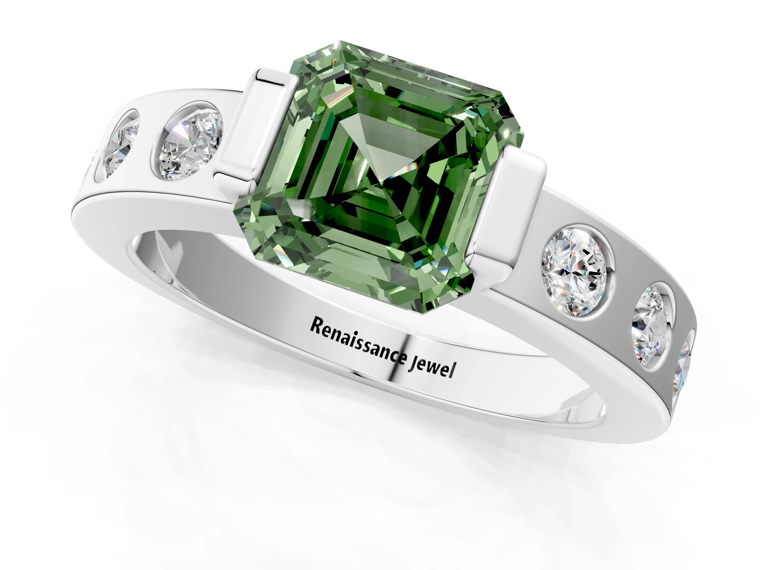 White gold Fancy Green Asscher Cut Brilliant Channel-Set Diamond Ring with Bezel Prong Setting_13