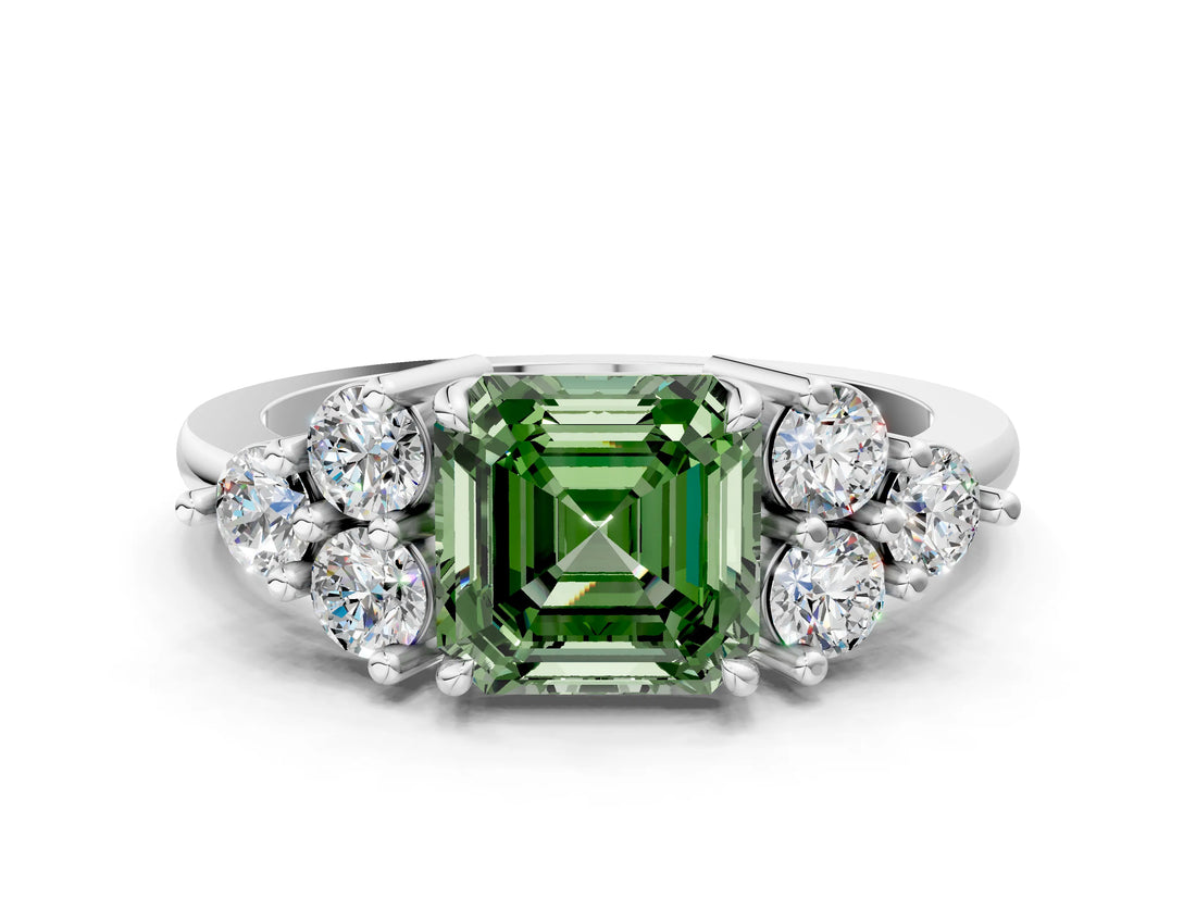 White gold Fancy Green Asscher Cut Brilliant Diamond Cluster Accent Solitaire Ring with Prong Setting_12