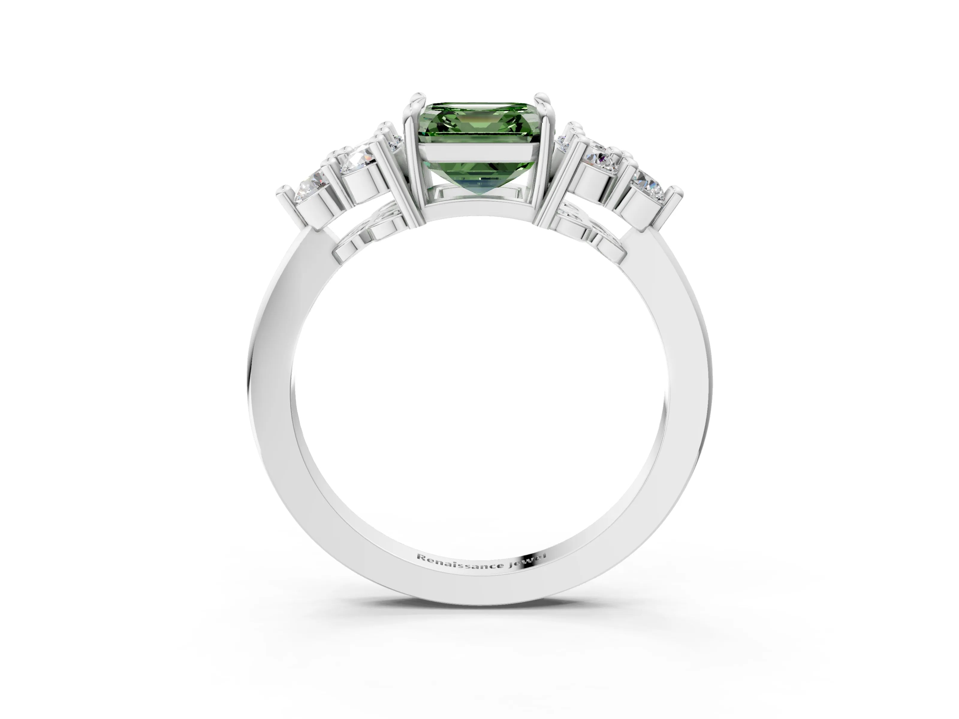 White gold Fancy Green Asscher Cut Brilliant Diamond Cluster Accent Solitaire Ring with Prong Setting_15