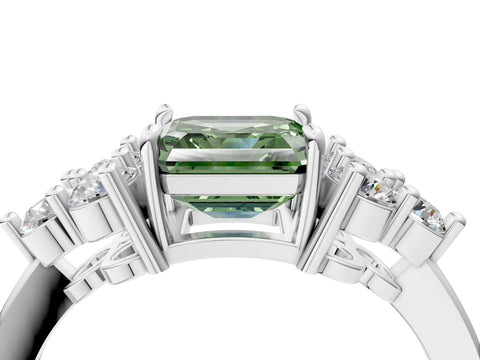 White gold Fancy Green Asscher Cut Brilliant Diamond Cluster Accent Solitaire Ring with Prong Setting_16