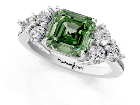White gold Fancy Green Asscher Cut Brilliant Diamond Cluster Accent Solitaire Ring with Prong Setting_1