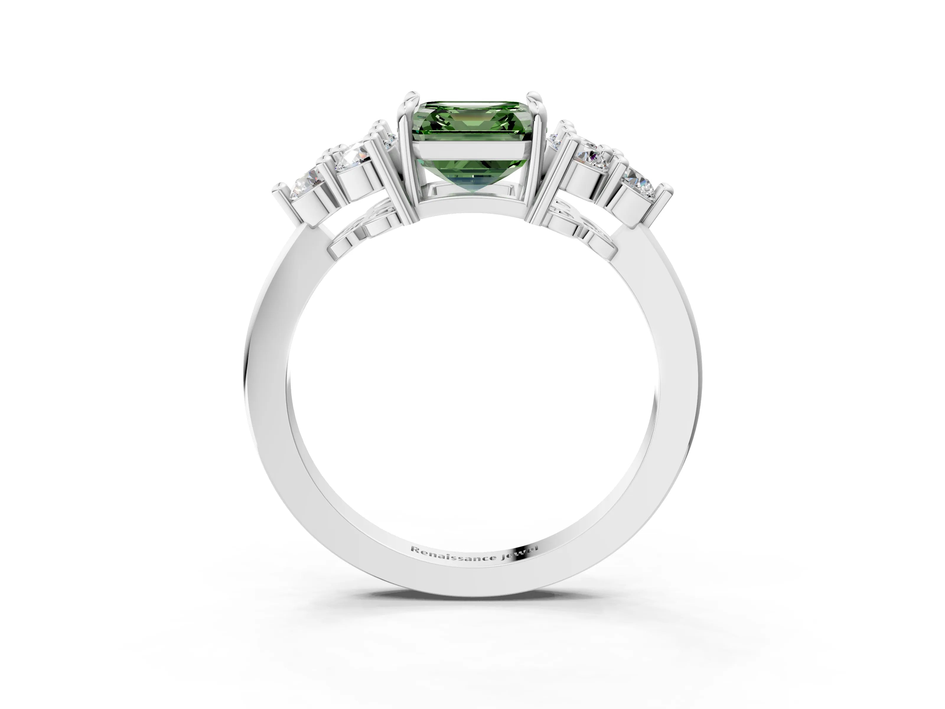 White gold Fancy Green Asscher Cut Brilliant Diamond Cluster Accent Solitaire Ring with Prong Setting_3