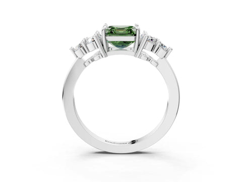 White gold Fancy Green Asscher Cut Brilliant Diamond Cluster Accent Solitaire Ring with Prong Setting_3
