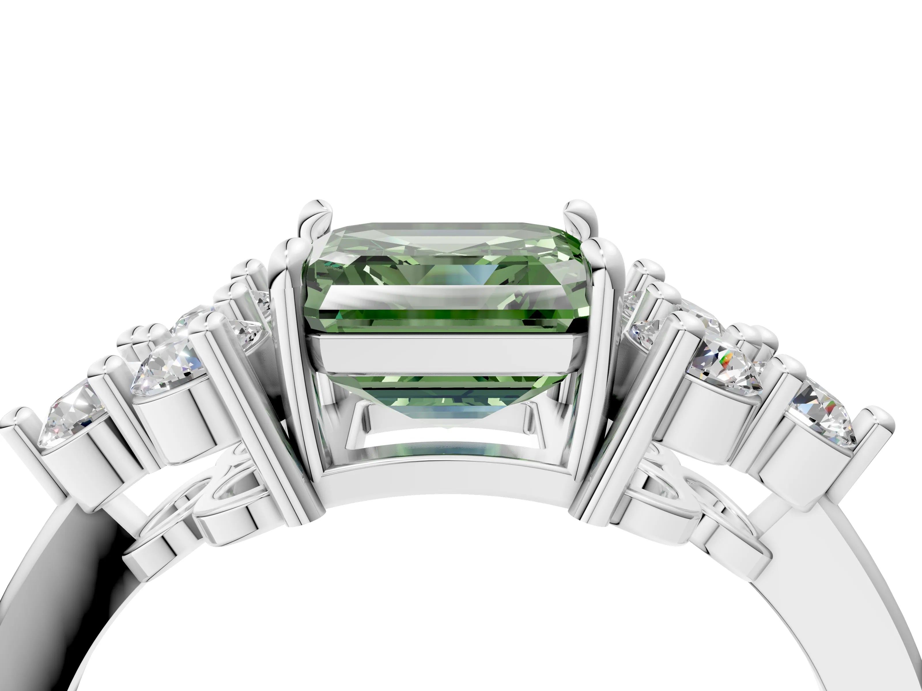 White gold Fancy Green Asscher Cut Brilliant Diamond Cluster Accent Solitaire Ring with Prong Setting_4