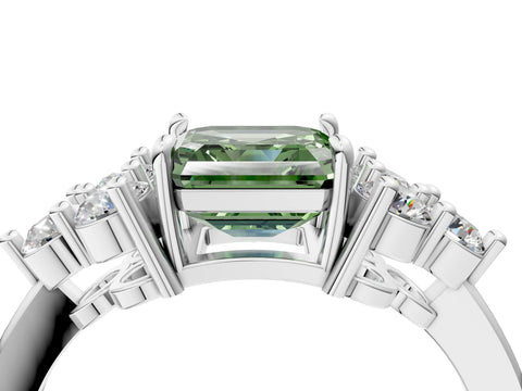 White gold Fancy Green Asscher Cut Brilliant Diamond Cluster Accent Solitaire Ring with Prong Setting_4