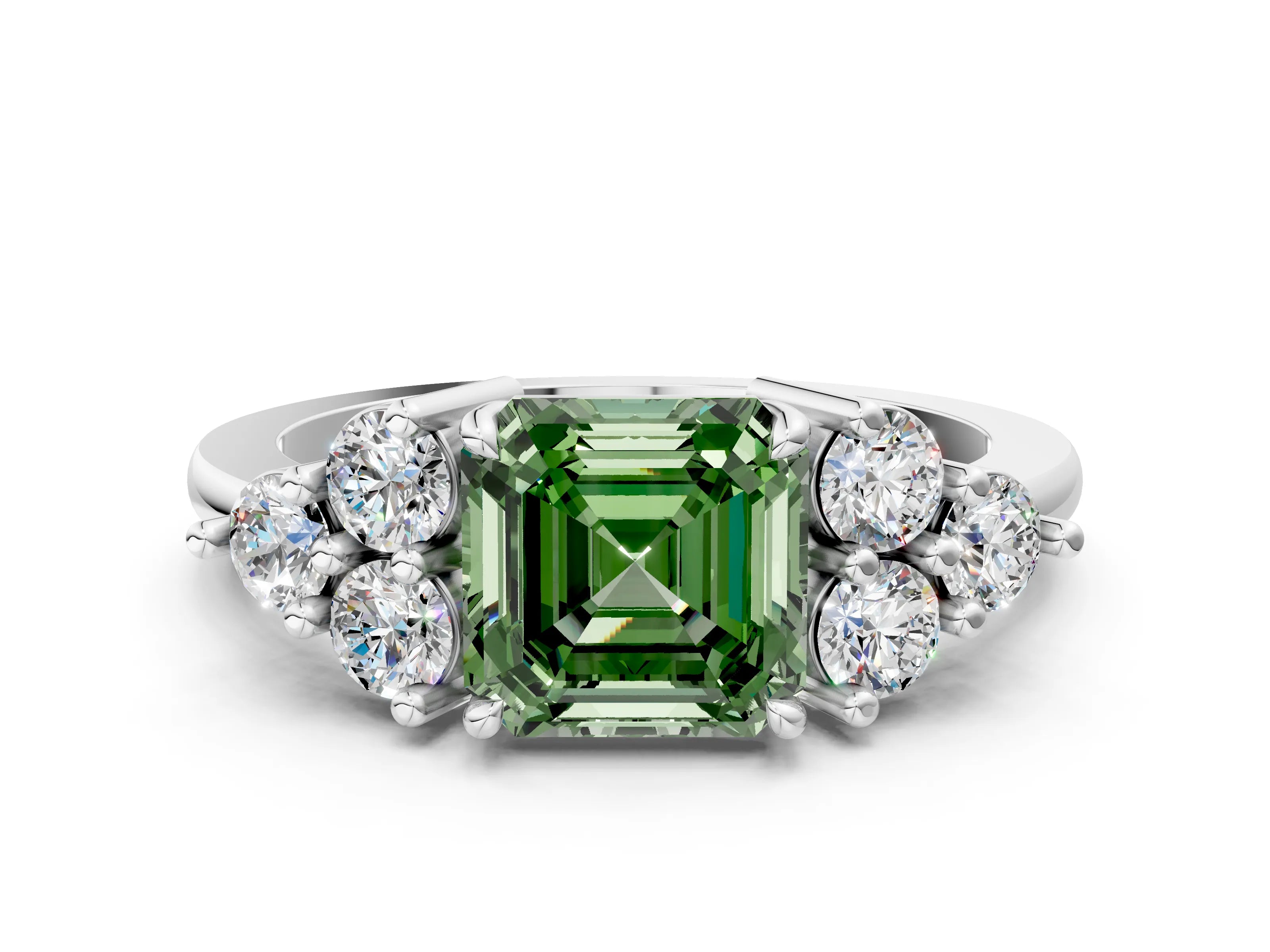 White gold Fancy Green Asscher Cut Brilliant Diamond Cluster Accent Solitaire Ring with Prong Setting