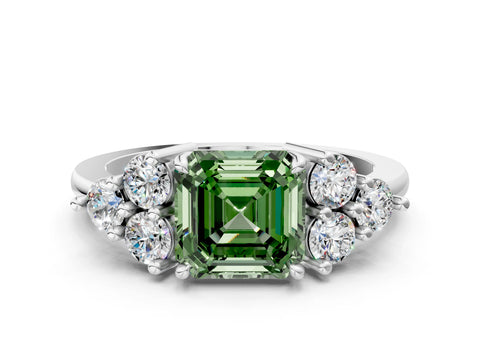 White gold Fancy Green Asscher Cut Brilliant Diamond Cluster Accent Solitaire Ring with Prong Setting