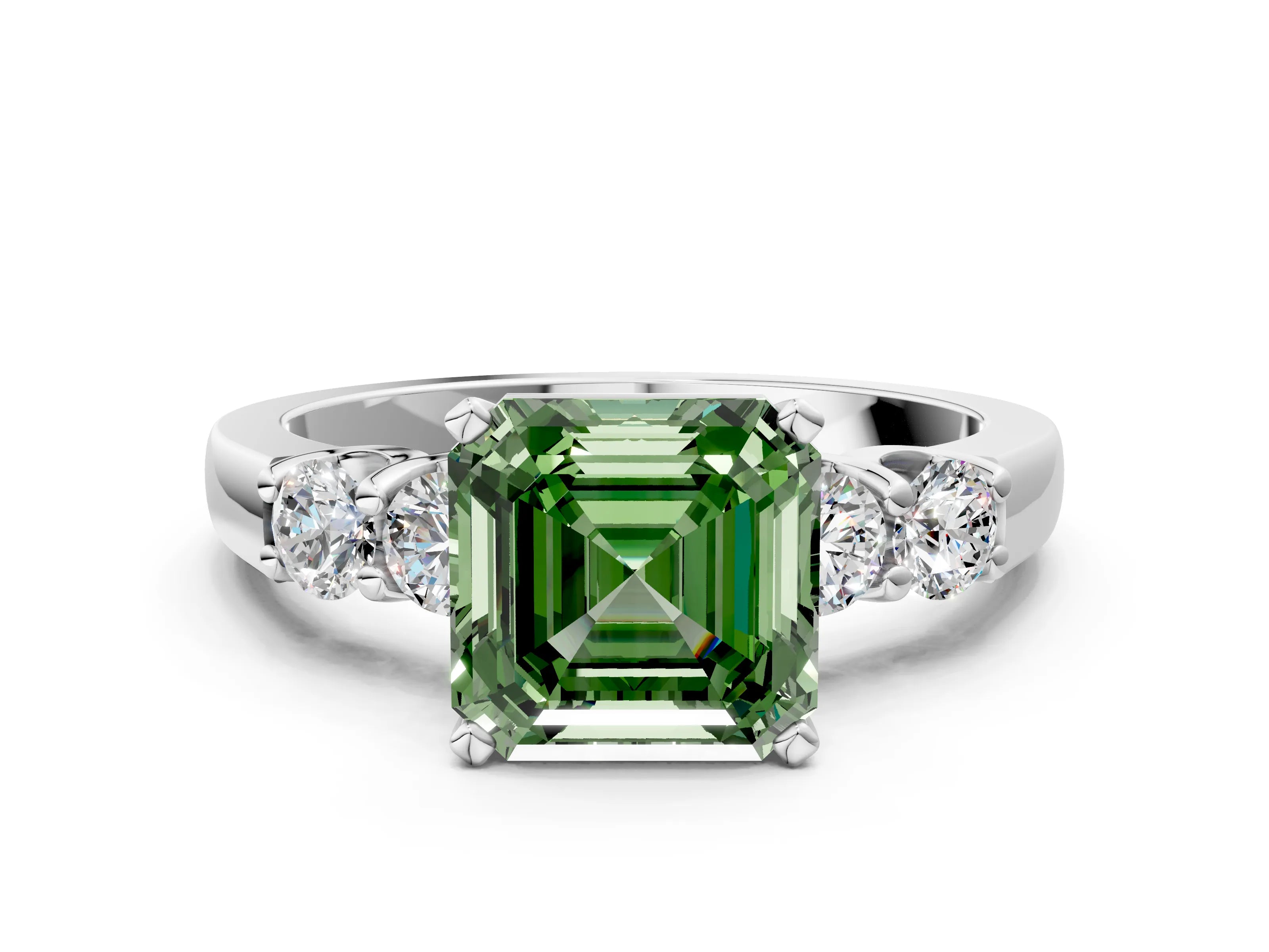 White gold Fancy Green Asscher Cut Brilliant Diamond Five-Stone Engagement Ring with Prong Setting on a Classic Band_3
