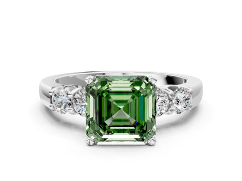 White gold Fancy Green Asscher Cut Brilliant Diamond Five-Stone Engagement Ring with Prong Setting on a Classic Band_3