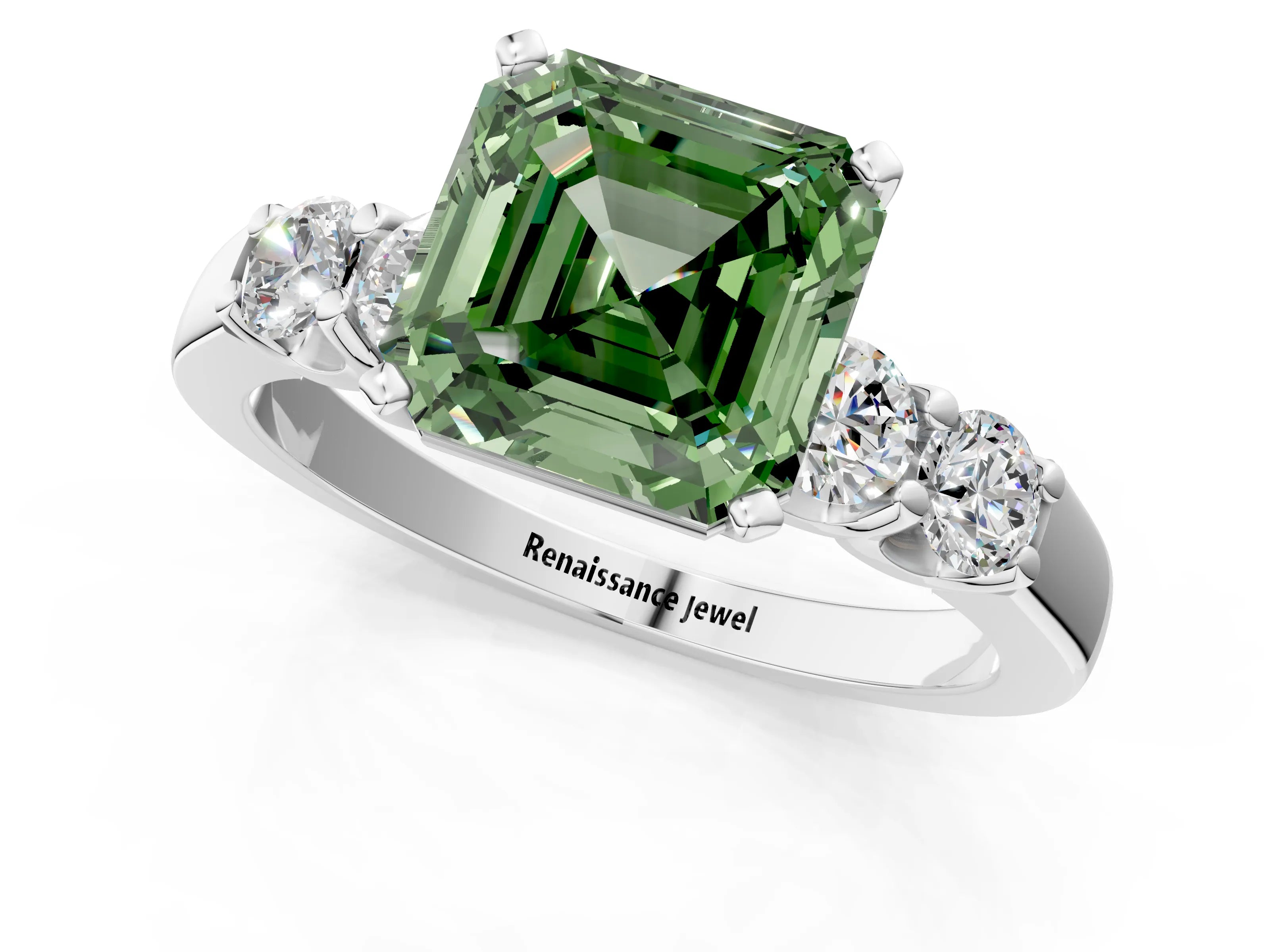 White gold Fancy Green Asscher Cut Brilliant Diamond Five-Stone Engagement Ring with Prong Setting on a Classic Band_4