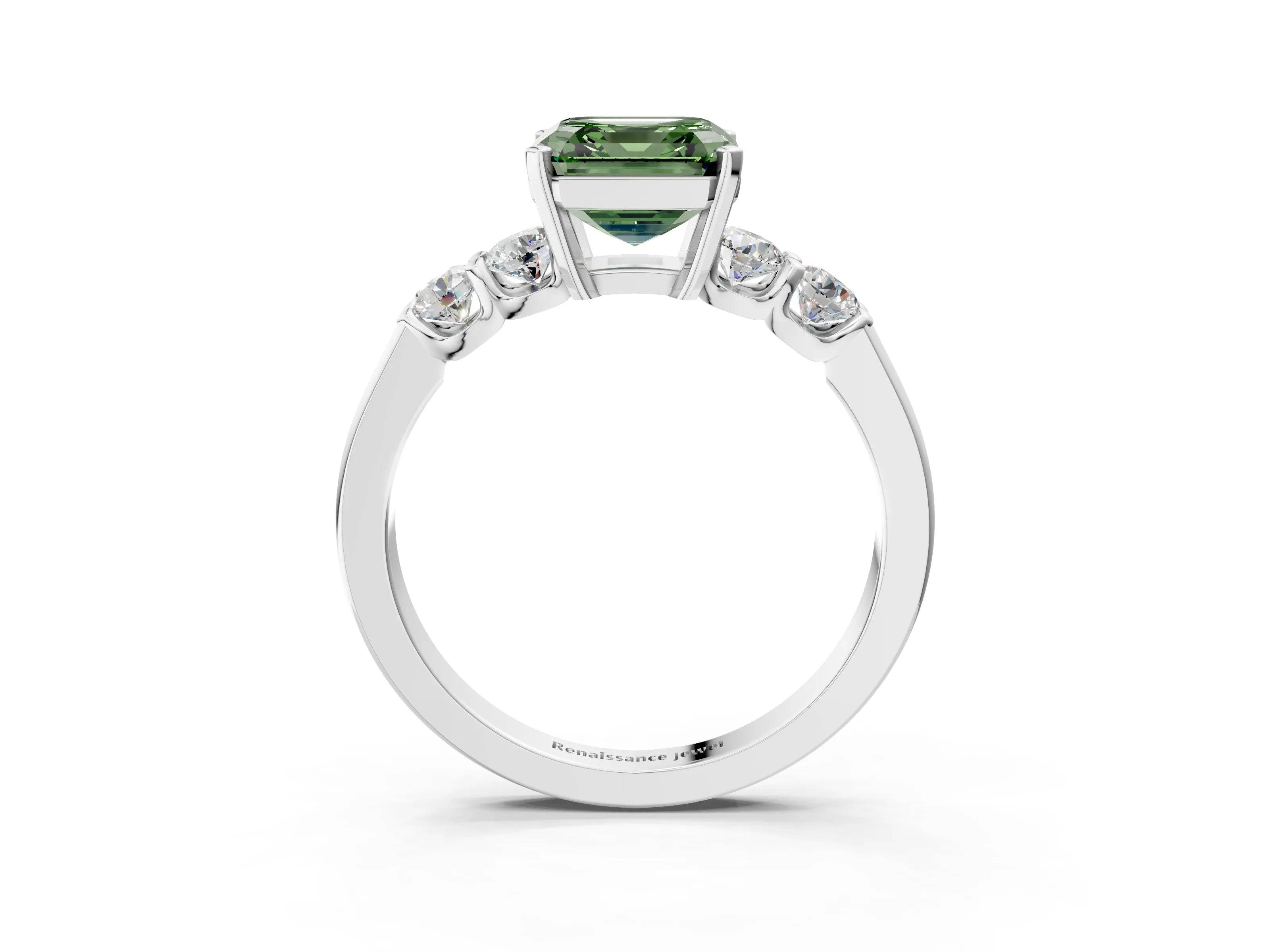 White gold Fancy Green Asscher Cut Brilliant Diamond Five-Stone Engagement Ring with Prong Setting on a Classic Band_6