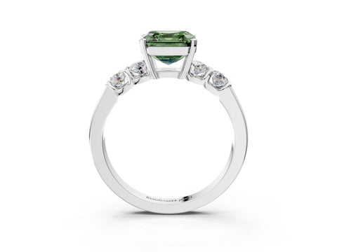 White gold Fancy Green Asscher Cut Brilliant Diamond Five-Stone Engagement Ring with Prong Setting on a Classic Band_6