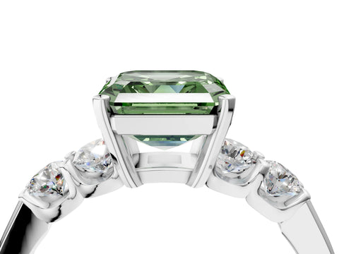 White gold Fancy Green Asscher Cut Brilliant Diamond Five-Stone Engagement Ring with Prong Setting on a Classic Band_7
