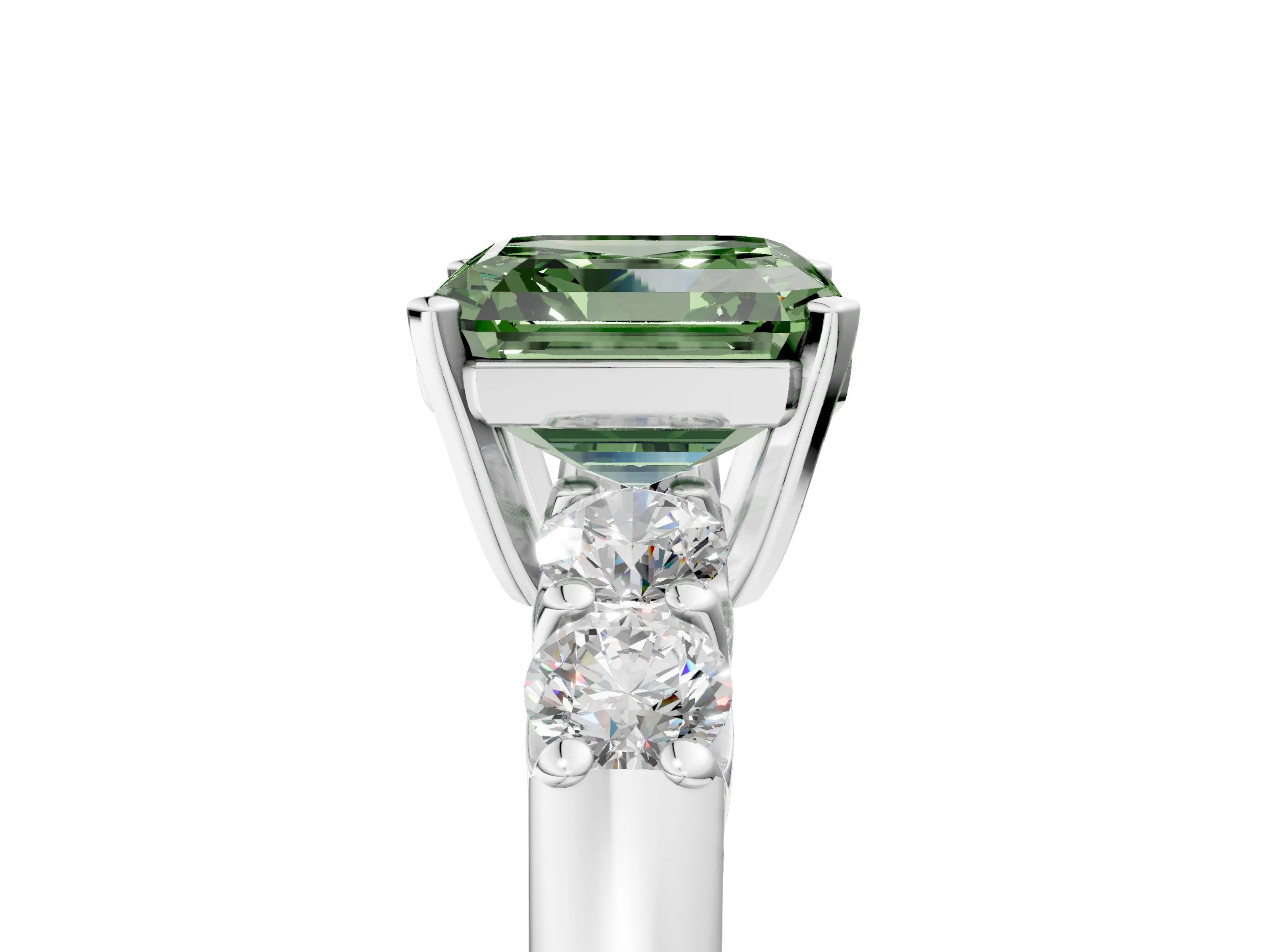 White gold Fancy Green Asscher Cut Brilliant Diamond Five-Stone Engagement Ring with Prong Setting on a Classic Band_8