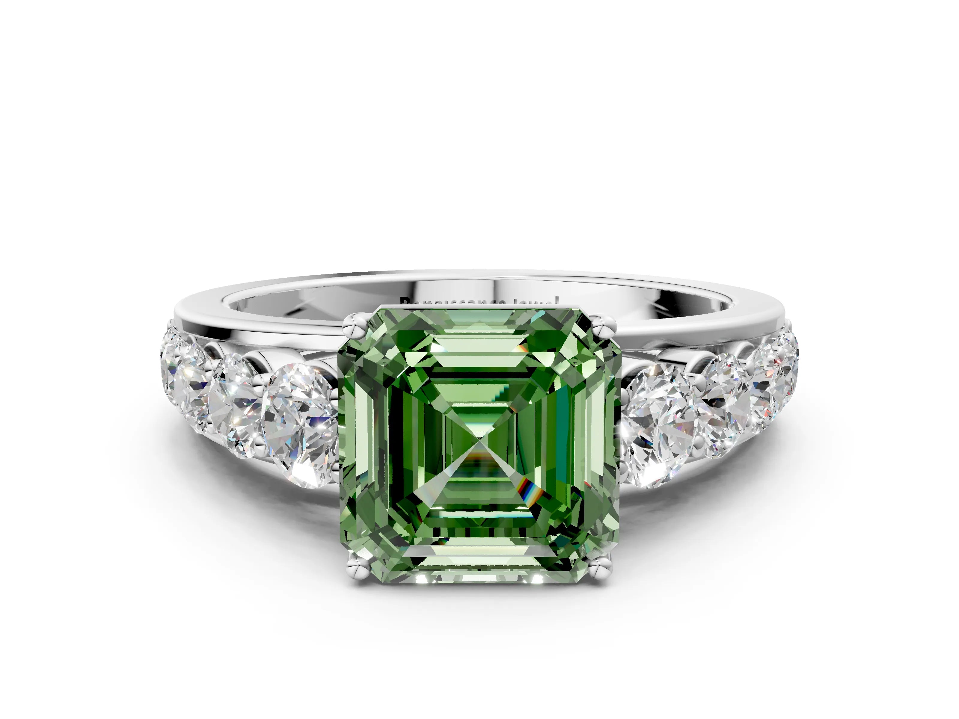 White gold Fancy Green Asscher Cut Brilliant Diamond Pavé Band with Six-Prong Setting