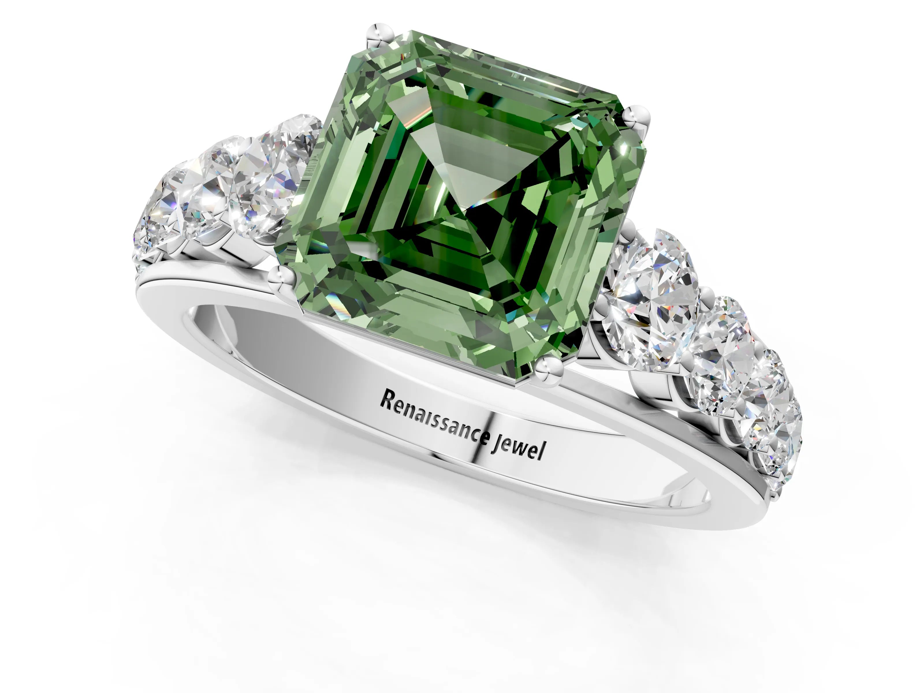 White gold Fancy Green Asscher Cut Brilliant Diamond Pavé Band with Six-Prong Setting_1