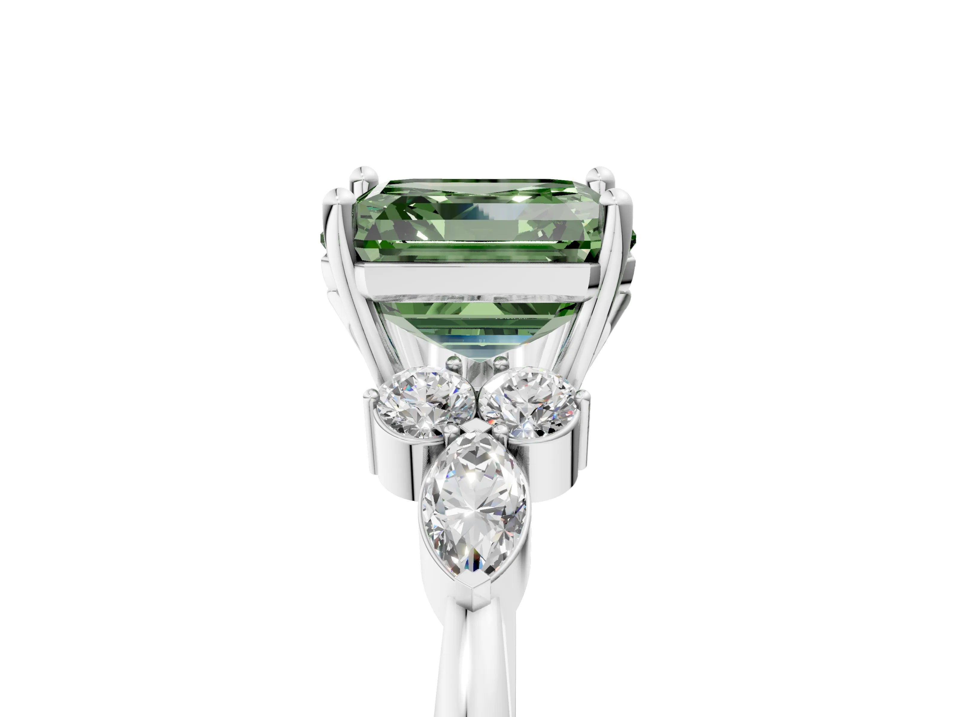 White gold Fancy Green Asscher Cut Brilliant Diamond Solitaire Ring with Pear Side Stones and Four-Prong Setting_11